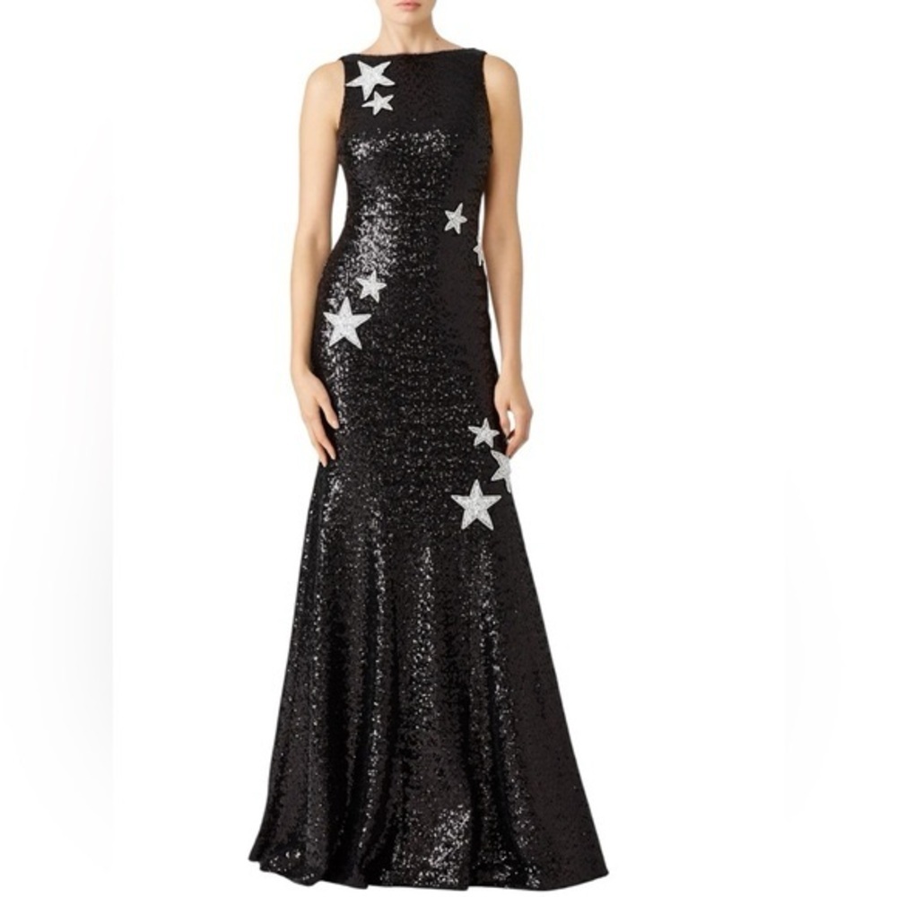 Theia Black Sequin Embellished Plunge Back Stargaze Gown